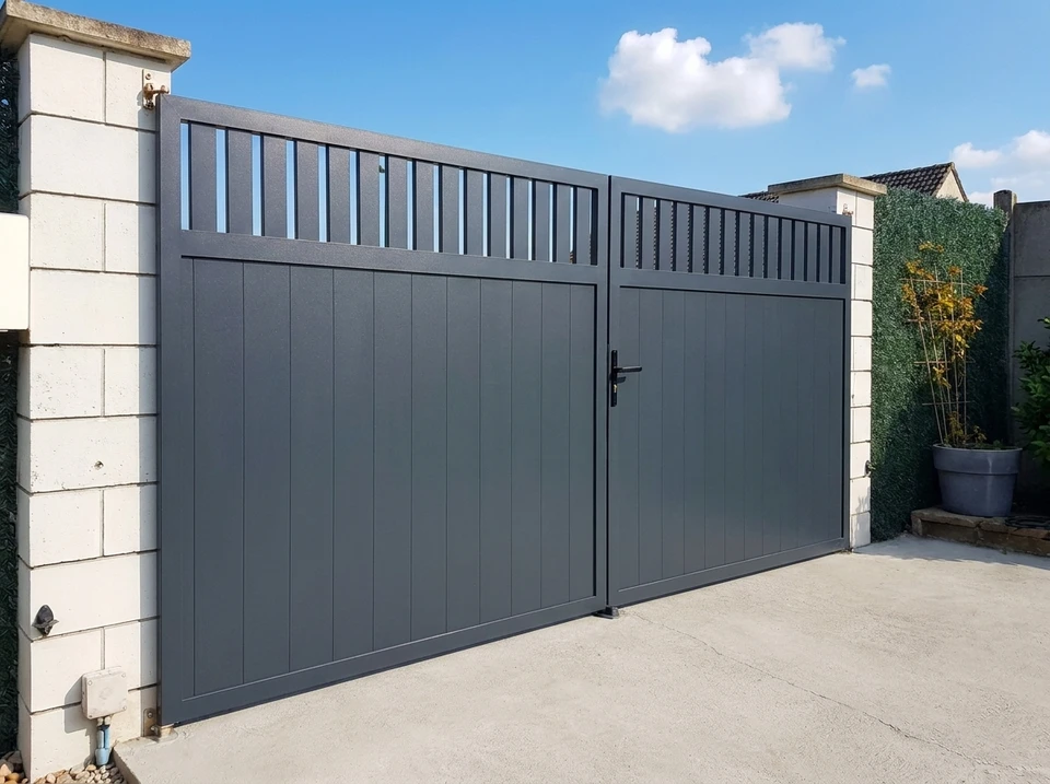 Portail double battant en aluminium thermolaqué gris anthracite (RAL 7016), monté entre deux piliers en parpaing