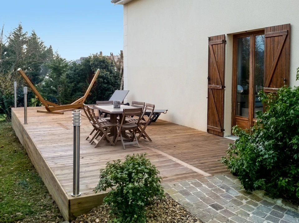 Terrasse extérieure en bois sur structure surélevée, avec salon de jardin composé d'une table rectangulaire et chaises pliantes en bois