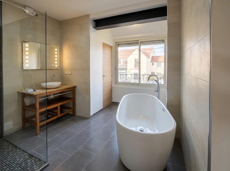 Salle de bain moderne et spacieuse avec sol en carrelage gris grand format